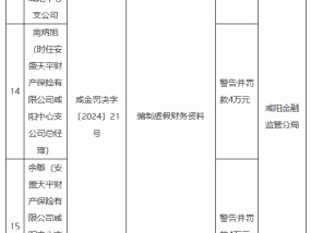 安盛天平咸阳中心支公司被罚22.6万元：因编制虚假财务资料