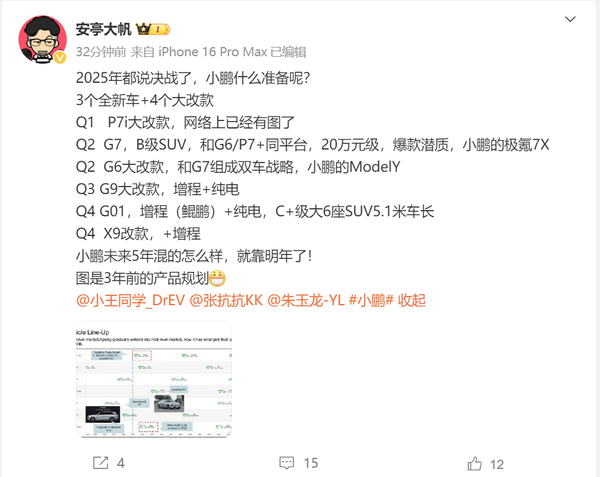 小鹏汽车2025年产品规划曝光：3款全新车型 4款改款