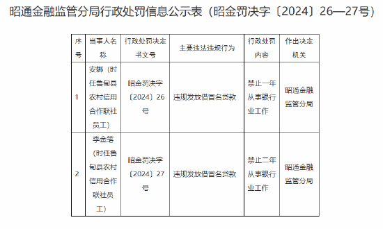 违规发放借冒名贷款 鲁甸县农村信用合作联社两名员工遭禁业处罚！